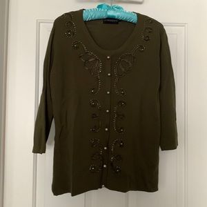 Rayon/Nylon sweater in sage green with buttons but it doesn’t open.